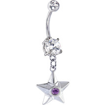 New Handcrafted Sterling Silver Star Dangle Belly Ring with Amethyst Col... - $14.99