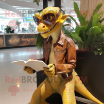 Gold Dimorphodon mascot costume character dressed with a Leather Jacket and Read - £941.11 GBP