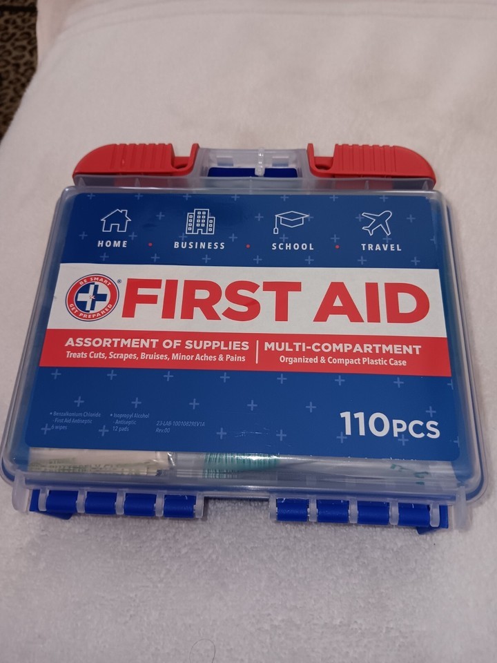 FIRST AID KIT BANDAGES TAPE GAUZE PADS SPLINT GLOVES GUIDE 110 ITEMS IN ... - $9.89