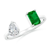 Angara Lab-Grown 1.05 Ct Two-Stone Emerald-Cut Emerald &amp; Diamond Ring in Silver - £601.06 GBP