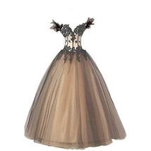 Kivary Women&#39;s Black and Champagne Long Off Shoulder V Neck Corset Tulle Prom We - £142.43 GBP