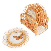 Vintage 60s 70s Coaster Set Acrylic Home Decor Faux Butterfly Rattan Brown Boho - £17.51 GBP