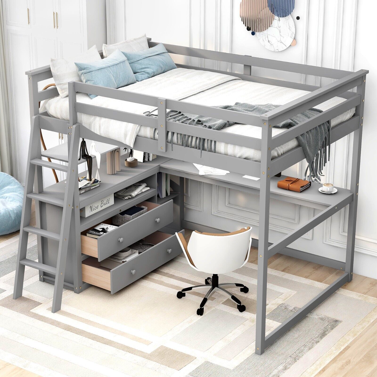 Full Size Loft Bed With Desk And Shelves Two and 50 similar items