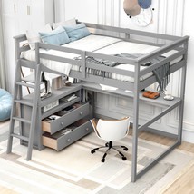 Full Size Loft Bed With Desk And Shelves,Two Built-In Drawers,Gray - £530.35 GBP
