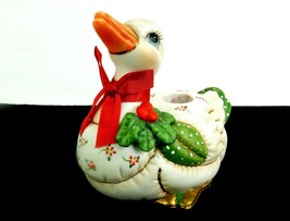Patchwork Christmas Duck Porcelain Candle Holder, Red Ribbon, Lefton China, 1987 - £11.74 GBP