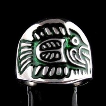 Sterling silver ancient Aztec symbol ring Maya Inca Fish hieroglyph with Green e - £59.95 GBP