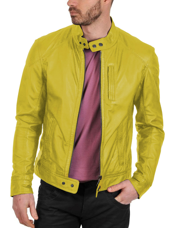 Primary image for Mens Leather Jacket, Yellow Lambskin Leather, stand collar, classic style.