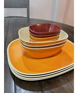 Pier One Imports Orange Red MCM Square Melamine 4 Plates 7 Bowls - $54.14 CAD