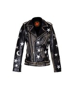 Men Silver Studded Leather JACKET Biker Silver Stars Patches Christmas P... - $410.29 CAD