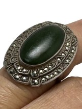 Vintage Art Deco Green Jade Jadeite Antique Marcasite Cocktail Ring Size 4 - £117.84 GBP