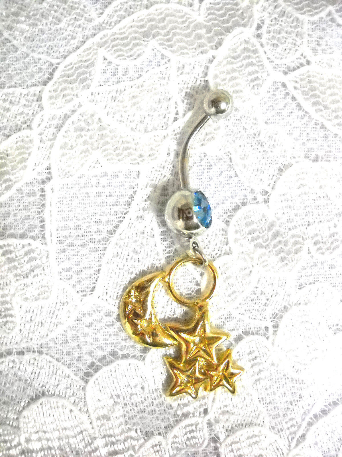Primary image for GOLDEN LUNAR MOON CRESCENT  & STAR CLUSTER DANGLE CHARM 14g CLEAR CZ BELLY RING