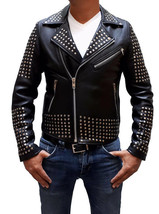 Men&#39;s Black Color Biker Genuine Leather Silver Small Studs Brando Style Jacket - £212.15 GBP