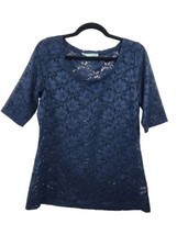 Maurices Women&#39;s Sz L Sheer Navy Blue Lace 3/4 Sleeve Blouse Sexy Boho - £10.86 GBP