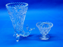 Vintage HOFBAUER BYRDES Cut Crystal Cornucopia Vase &amp; MATCHED Mini Pedes... - $21.58