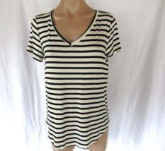 Green Envelope T-shirt top Small white black stripe V neck cap sleeves New - £12.04 GBP