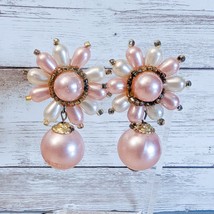 Vintage Clip On Earrings Extra Large Pink &amp; Cream Statement Dangle - £11.21 GBP