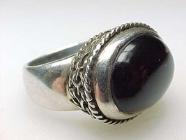 Vintage Genuine BLACK ONYX and STERLING Silver Ring - Size 6 1/4 - £59.81 GBP