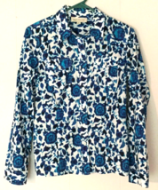 Jones New York blouse Size S  women button close 100% cotton white blue flowers - £11.07 GBP