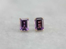 14K Yellow Gold Plated Silver 2Ct Simulated Amethyst Solitaire Stud Earrings - £78.28 GBP