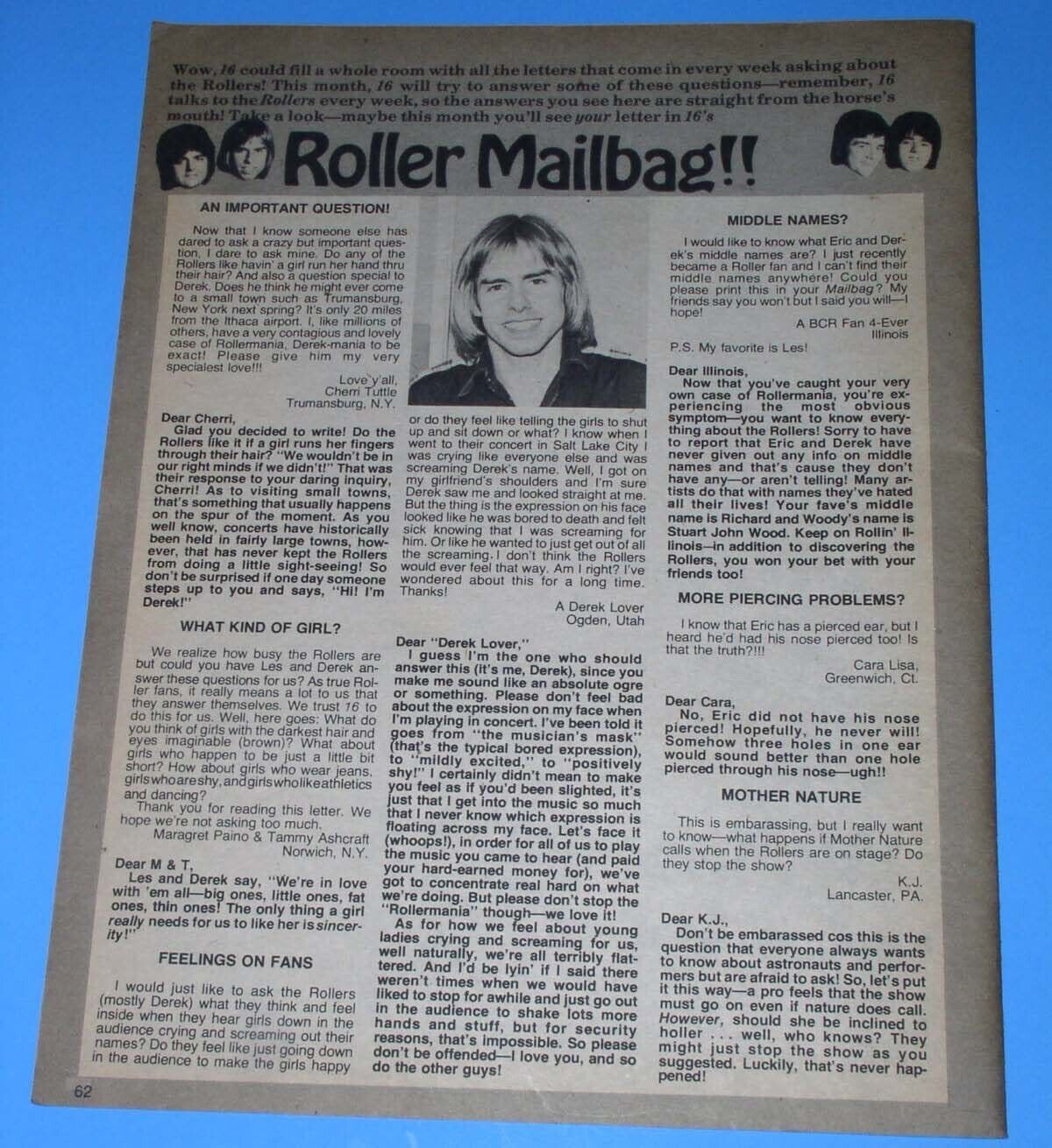 The Bay City Rollers 16 Magazine Photo Clipping Vintage 1978 Roller Mailbag - $18.99