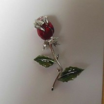 Signed LC Silver-tone Red Rose Green Enamel Brooch - £7.40 GBP