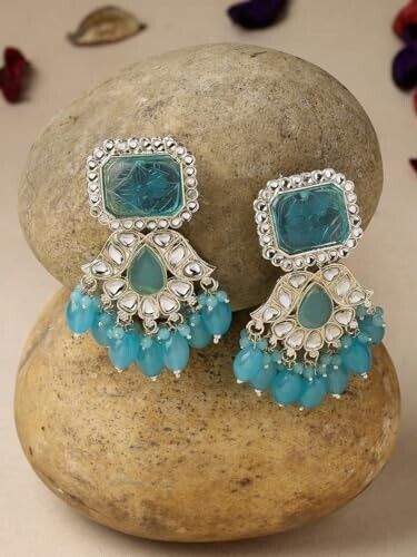 Delicate Gold Plated Blue Kundan Studded Dangle Drop Earrings For Women Jewelry - $20.48