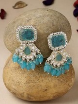 Delicate Gold Plated Blue Kundan Studded Dangle Drop Earrings For Women Jewelry - £16.41 GBP