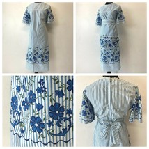 Vintage House Dress size M with Optional Half Apron Striped Blue Flowers... - $34.95