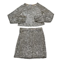 Magia 2 Pc Outfit Set Top Skirt Womens M Silver Sequins Long Raglan Sleeve - $25.62