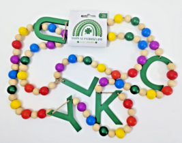 St Patricks Day LUCKY Wood Garland Green Rainbow Colored Beads 72&quot; Irish... - $19.99