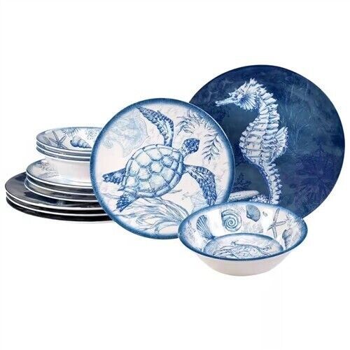 12-Piece Sea Shells Ocean Theme Dinnerware Set in Blue and White - Servi... - $122.95