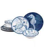 12-Piece Sea Shells Ocean Theme Dinnerware Set in Blue and White - Servi... - $168.07 CAD