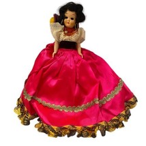 1940&#39;s 7&quot; Girl Doll Black Hair Sleepy Eyes Pink Gold Yellow Dress Purple Cap - £6.40 GBP