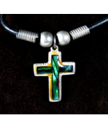 Deep Green PAUA SHELL CROSS Vintage NECKLACE Silvertone Metal Black Cord... - $24.25 CAD