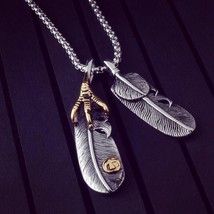 Vintage Leaf Long Necklace Men&#39;s Eagle Claw Feather Pendant Necklaces For Men Wo - £13.49 GBP