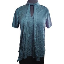 Blue Green Tie Neck Short Sleeve Blouse Size Small - £27.18 GBP