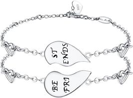 “BEST FRIENDS” Engraved 925 Sterling Silver Half Heart Shaped Bracelets Set of 2 - £45.32 GBP