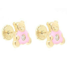 14K Y Gold Baby Children Screw-Back Teddy Bear Earrings Enamel Pink w/ Crystal - £35.52 GBP