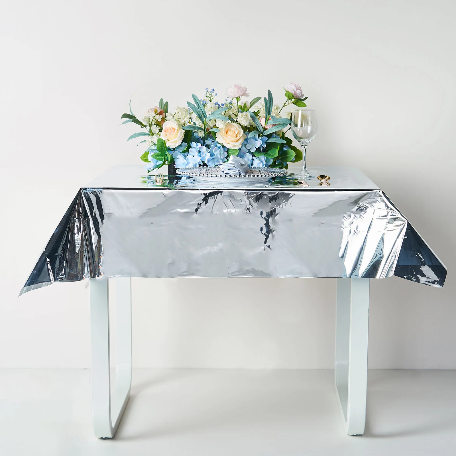 Silver - 50&quot;x50&quot; Tablecloth Metallic Foil Square Disposable Table Cover - £15.13 GBP