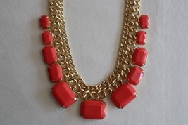 Necklace Double Chain Gold Tone Coral/Red Plastic Costume Jewelry ~15-19&quot; - $230.72 MXN