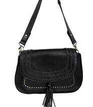 Antik Kraft Vegan Leather Black Studded Fringed Saddle Bag EUC Biker Core - $55.71 CAD