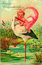 Vtg Postcard 1909 Hearty Congratulations Birth Stork Baby - £11.45 GBP