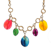 Dancing Petals Oval Multicolor Agate Two-Tone Handmade Necklace - £30.46 GBP
