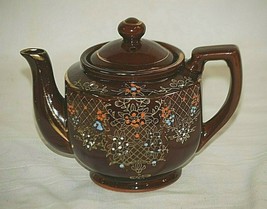 Old Vintage Handpainted Redware Teapot w Lid Brown Glaze Gold Highlights Japan c - £19.45 GBP