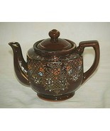 Old Vintage Handpainted Redware Teapot w Lid Brown Glaze Gold Highlights... - £19.34 GBP