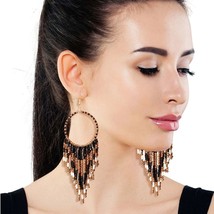 Black and Gold Seed Bead Drop Hoop Fringe Gold Plated Fish Hook Earrings 4.5&quot; - £34.21 GBP
