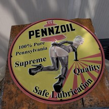 Vintage 1955 Pennzoil Supreme Quality Safe Lubrication Porcelain Gas &amp; Oil Sign - £100.22 GBP