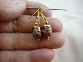 (EE604-120) 10 x 12 mm Brown pink flower CLOISONNE bead dangle drum EARRINGS - £13.95 GBP