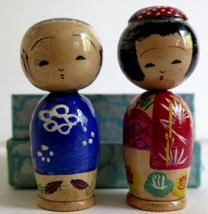 Vintage Mini Japanese KOKESHI Dolls Man &amp; Woman Mint in Box - $17.10