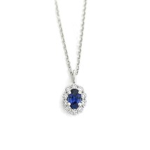 Oval Blue Sapphire Diamond Halo Gemstone Pendant Necklace 14K White Gold, .92 TW - £1,403.40 GBP